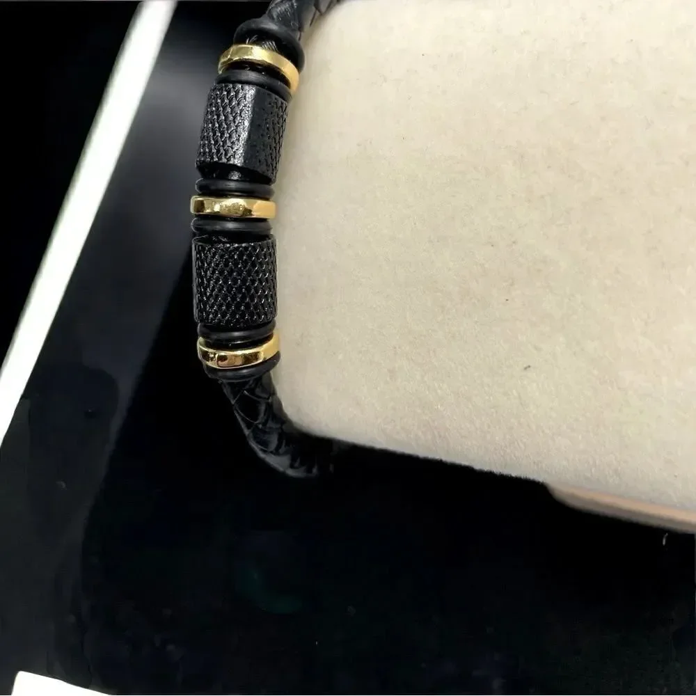 Men’s Leather Bracelet l Braided Beaded w/ Gold Accent l Magnetic Closure l New